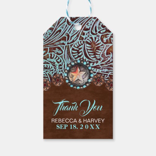 turquoise bruin cowboy land western bruiloft cadeaulabel (Voorkant)