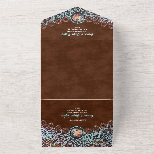 Turquoise Bruin cowboyland westerne bruiloft All In One Uitnodiging (Buitenkant)