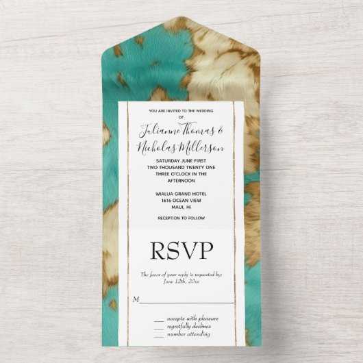 Turquoise bruin crème dierlijk Koeienhuid Western All In One Uitnodiging (Binnen)