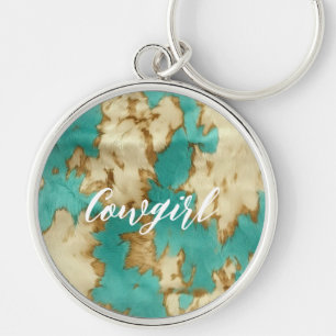 Turquoise bruin crème dierlijk Koeienhuid Western Sleutelhanger
