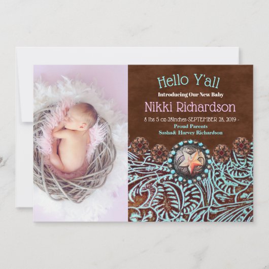 turquoise bruin land westerne Geboorteaankondiging Aankondiging (Voorkant)