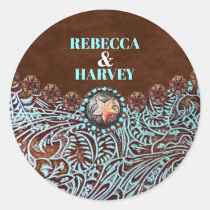 turquoise bruin leder land westerne bruiloft ronde sticker