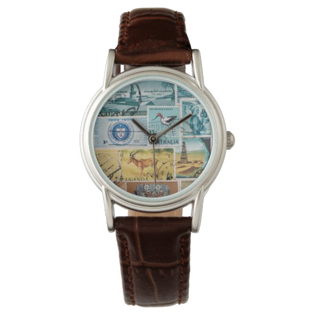 Turquoise bruin polshorloge, postzegelkunst horloge (Voorkant)