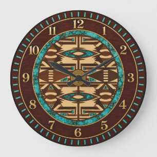 Turquoise & Bruine Tribale Wandklok met Tapijtpatr Grote Klok