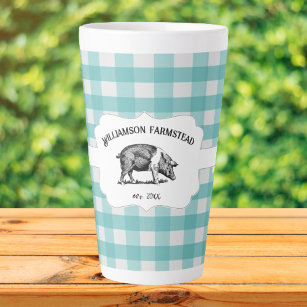 Turquoise Buffalo Plaid Farm Pig Latte Mug