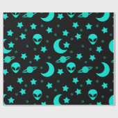 Turquoise buitenaards patroon met sterren en manen cadeaupapier (Vlak)