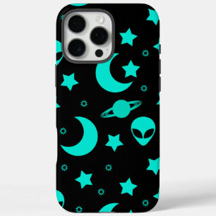 Turquoise buitenaards patroon met sterren en manen iPhone 16 pro max hoesje
