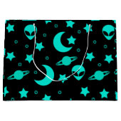 Turquoise buitenaards patroon met sterren en manen groot cadeauzakje (Voorkant)