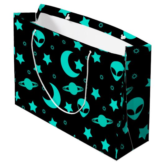 Turquoise buitenaards patroon met sterren en manen groot cadeauzakje (Achterkant Gekanteld)