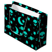 Turquoise buitenaards patroon met sterren en manen groot cadeauzakje (Voorkant Gekanteld)
