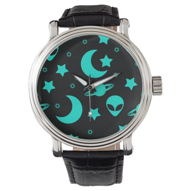 Turquoise buitenaards patroon met sterren en manen horloge (Voorkant)