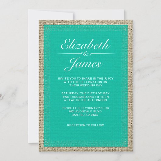 Turquoise  Burlap Wedding Invitations Kaart (Voorkant)
