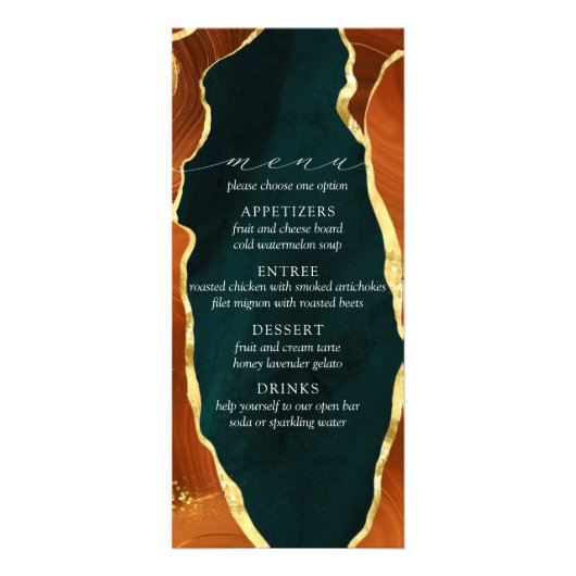 Turquoise, Burning Orange & Gold Agate Menu Mariag (Devant)