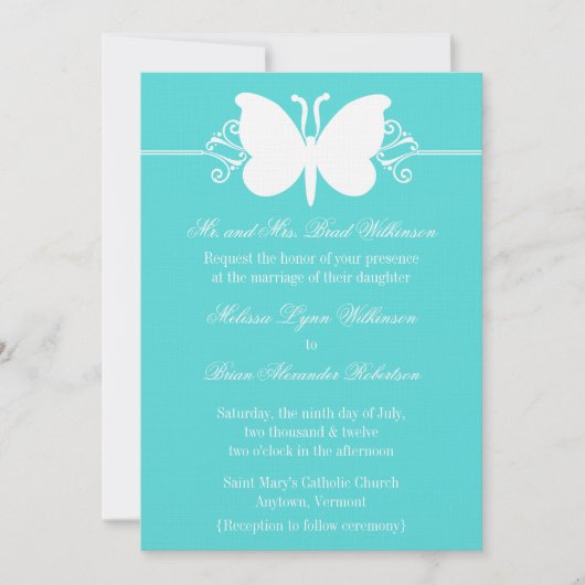 Turquoise Butterfly Swirls Wedding Invitation (Devant)