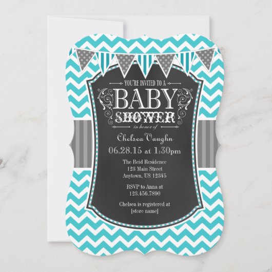 Turquoise Chalkboard Chevron Baby shower Invite Kaart (Voorkant)