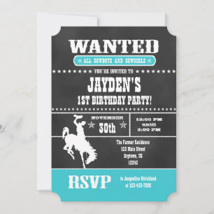 Turquoise Chalkboard Cowboy Invitation d'anniversa