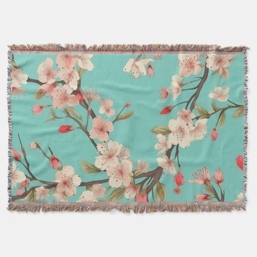 Turquoise Cherry Blossom Throw Blanket Deken (Voorkant)