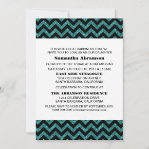Turquoise Chevron Glitter Bat Mitzvah Invite Kaart