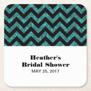 Turquoise Chevron Glitter Vrijgezellenfeest Onderz Vierkante Kartonnen Onderzetter