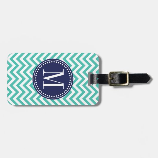 Turquoise Chevron Zigzag Gepersonaliseerd Monogram Bagagelabel (Voorkant horizontaal)