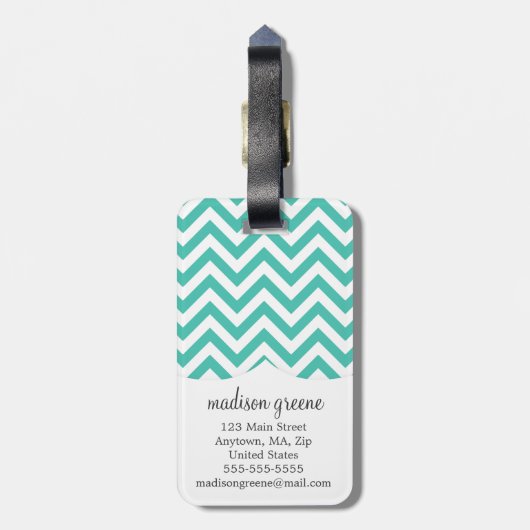 Turquoise Chevron Zigzag Gepersonaliseerd Monogram Bagagelabel (Achterkant verticaal)