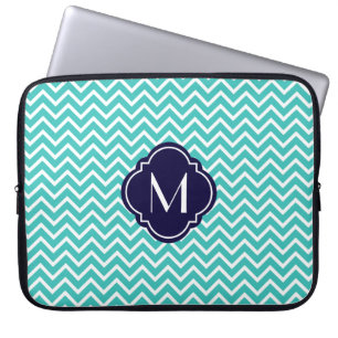 Turquoise Chevron Zigzag Stripes met monogram Laptop Sleeve