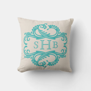 Turquoise Chic Damask Monogram Coussin