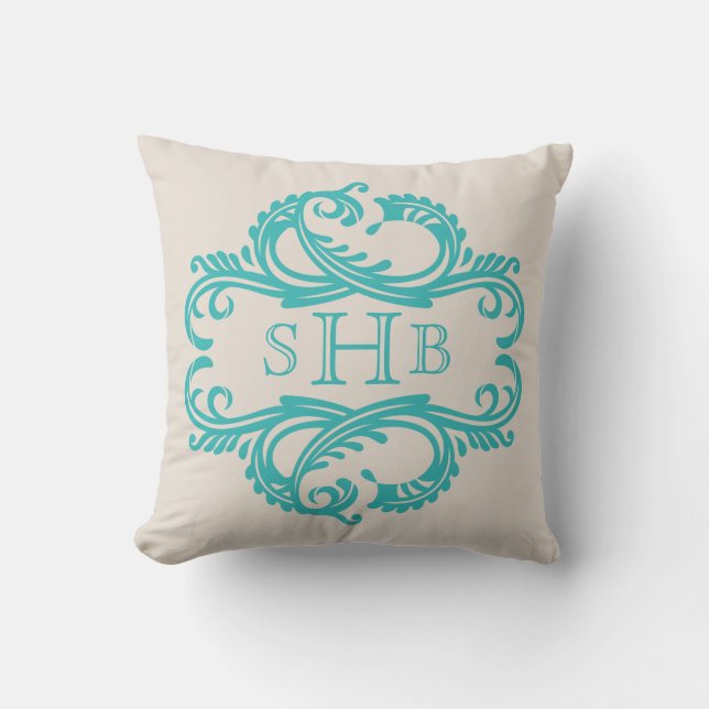 Turquoise Chic Damask Monogram Coussin (Recto)