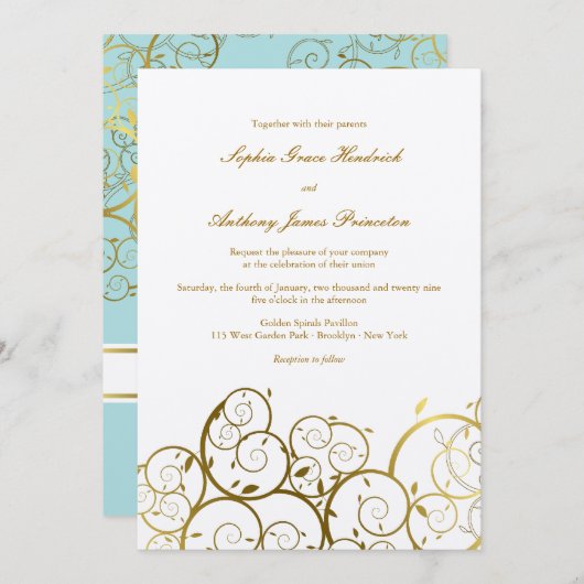 Turquoise & Classy Gouden Spiralen Elegante bruilo Kaart (Voorkant / Achterkant)