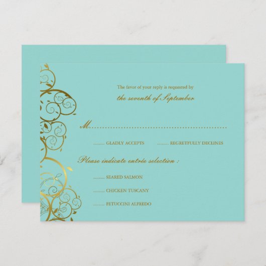 Turquoise & Classy Gouden Spiralen Elegante bruilo RSVP Kaartje (Voorkant / Achterkant)