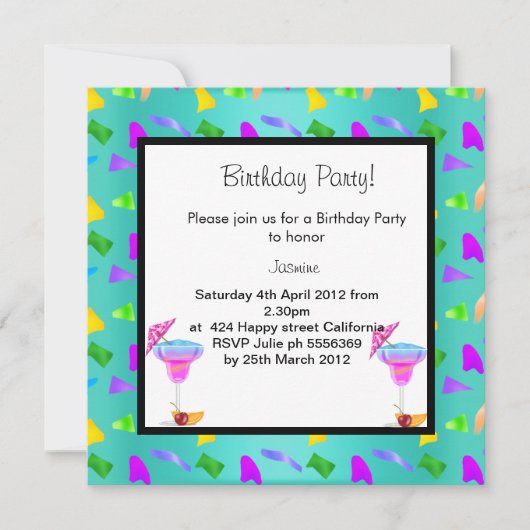 turquoise confetti ANNIVERSAIRE INVITATION (Devant)