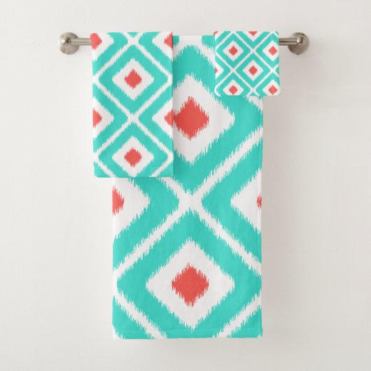 Turquoise, Corail, Diamant Ikat Blanc Motif (En situation)