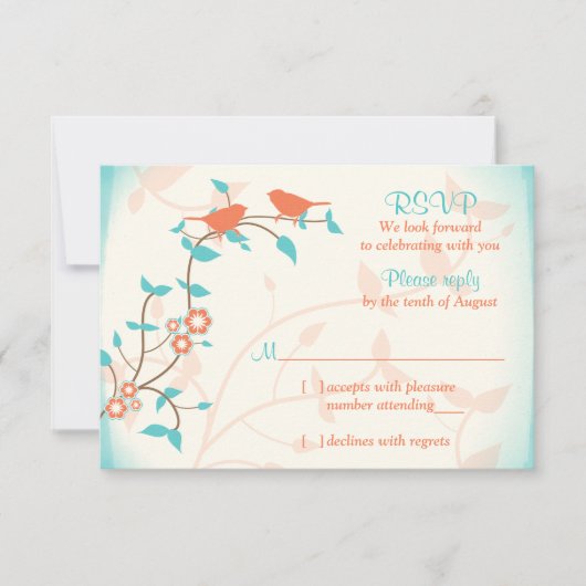 Turquoise Corail Oiseaux Feuilles Mariage Réponse  (Devant)