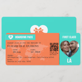 Turquoise & Coral Boarding Pass Wedding Kaart