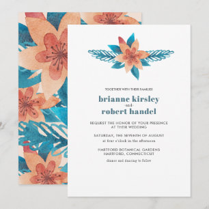 Turquoise Coral Floral Waterverf Wedding Invite Kaart