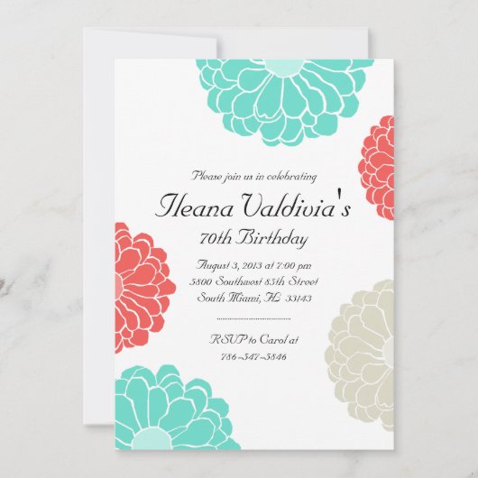 Turquoise Coral Zinnia Flower Birthday Invitation Kaart (Voorkant)