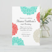 Turquoise Coral Zinnia Flower Birthday Invitation Kaart (Staand voorkant)
