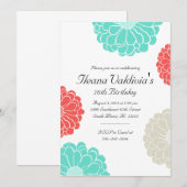Turquoise Coral Zinnia Flower Birthday Invitation Kaart (Voorkant / Achterkant)