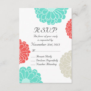 Turquoise Coral Zinnia Flower Wedding RSVP