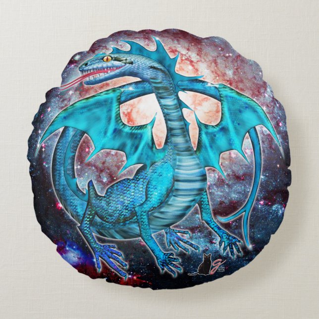 Turquoise Cosmic Dragon Rond Kussen (Voorkant)