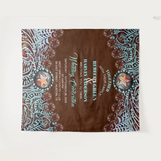 Turquoise cowboy land Westerne bruiloft achtergron Wandkleed (Voorkant (horizontaal))