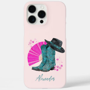 Turquoise Cowboylaarzen & Japanse Sakura-bloesems iPhone 16 Pro Max Hoesje