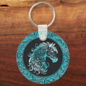 Turquoise cowgirl bloemengereedschap lederen paard sleutelhanger (Voorkant)