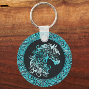 Turquoise cowgirl bloemengereedschap lederen paard sleutelhanger