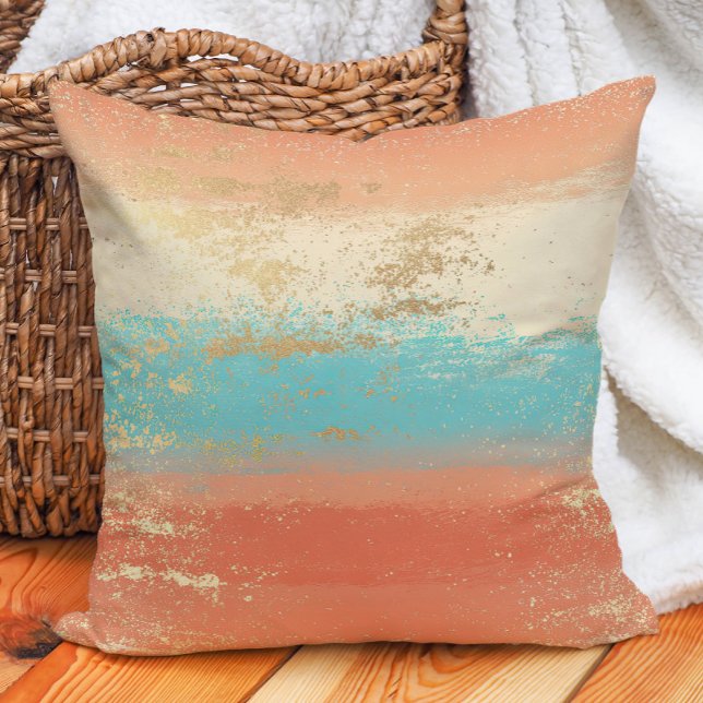 Turquoise Cream Coral Gold Boho Coastal Kussen (Turquoise Cream Coral Gold Boho Coastal Throw Pillow)