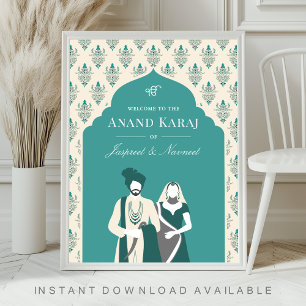 Turquoise Crème Anand Karaj Sikh Affiche de bienve