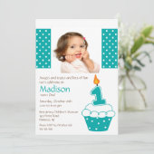 Turquoise Cupcake Photo Birthday Invitation Kaart (Staand voorkant)