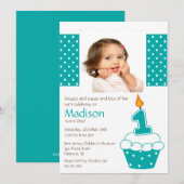 Turquoise Cupcake Photo Birthday Invitation Kaart (Voorkant / Achterkant)