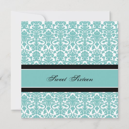 Turquoise Damask 16th Birthday Party Invitations (Devant)
