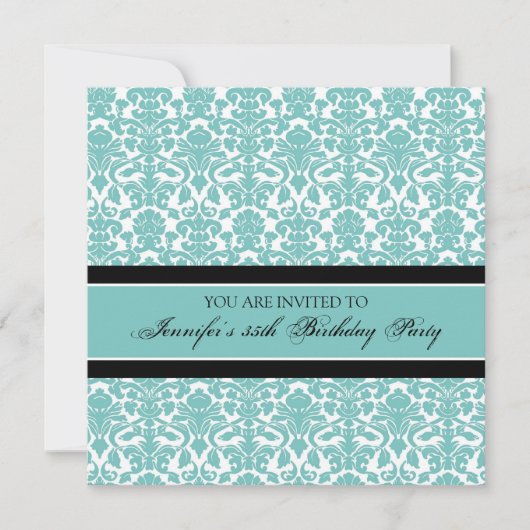 Turquoise Damask 35th Birthday Party Invitations (Devant)
